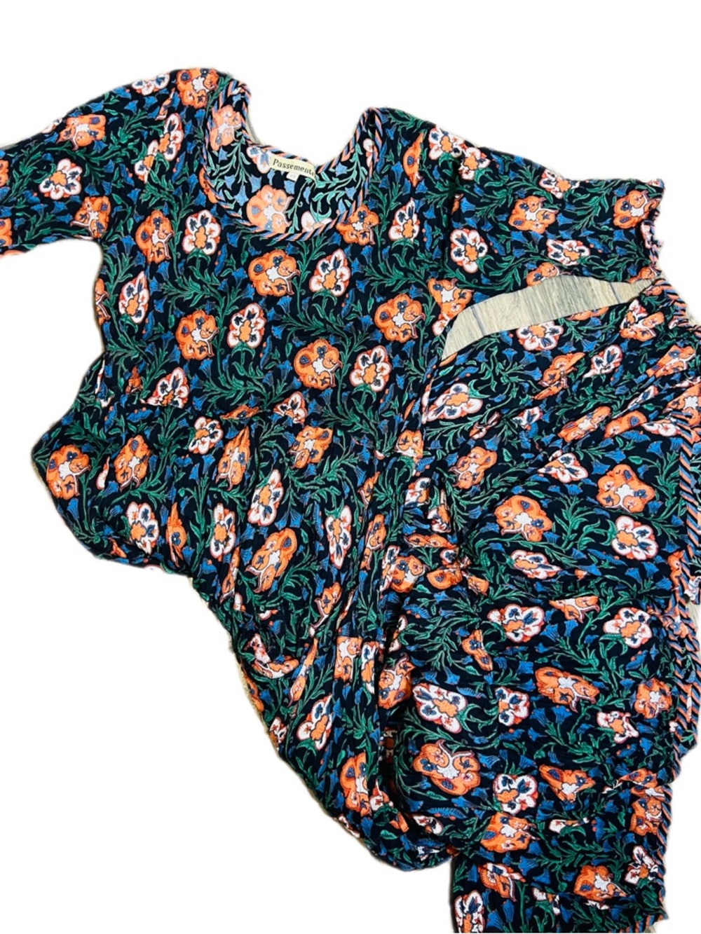 Passementrie Floral Tiered Midi Dress Boho Peasant Black Orange XS - Picture 7 of 12